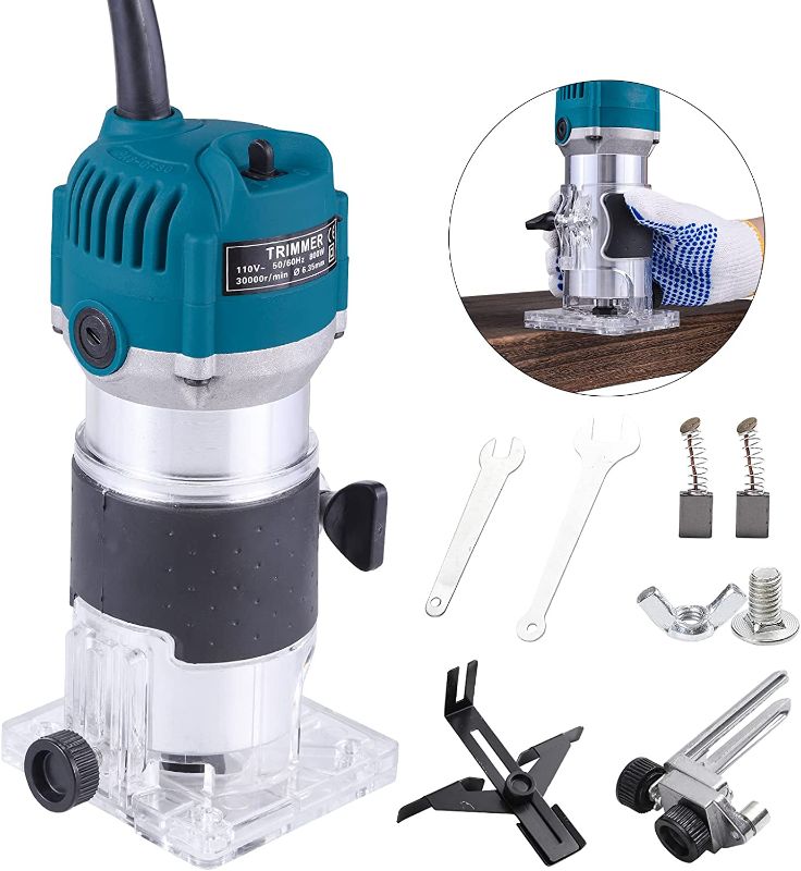 Photo 1 of Wood Router,Router Tool Wood Trimmer Router Electric Hand Trimmer Laminate Milling Engraving Hand Machine Joiner Tool Electric for Slotting Trimming Carving 110V 800W 30000R/MIN(Blue)