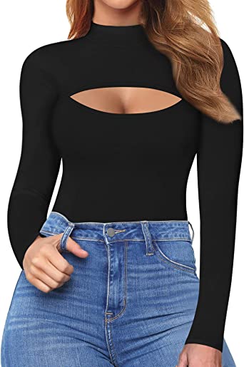 Photo 1 of ALGALAROUND Cutout Tops for Women Bodycon Mock Turtleneck Short Sleeve Long Sleeve T-Shirt
