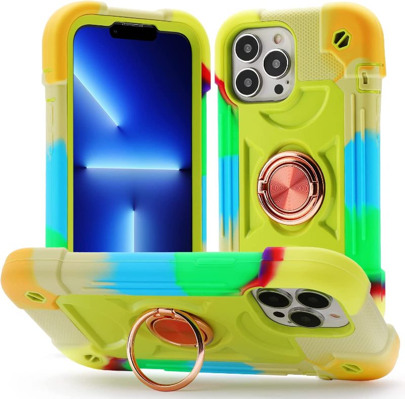 Photo 1 of MARKILL Compatible with iPhone 13 Pro Max Case 6.7 Inch with Ring Stand, Heavy-Duty Military Grade Shockproof Phone Cover with Magnetic Car Mount for iPhone 13 Pro Max. (Rainbow Yellow)
