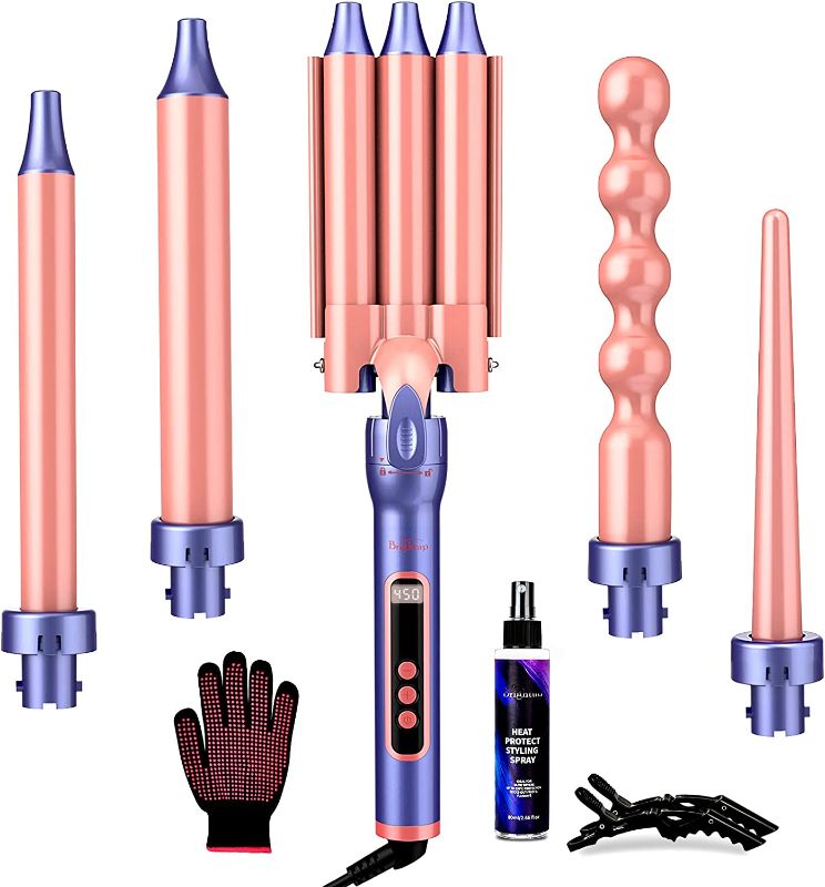 Photo 1 of **all but one pc missing** Brightup Curling Iron, 3 Barrel Hair Waver All in 1 Curling Wand with Interchangeable Ceramic Barrels and Heat Protection Spray, LCD Display, Instant Heating, Temperature Adjustment, 10 pcs Set
