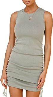 Photo 1 of BTFBM Women Sleeveless Bodycon Ruched Short Dress Side Drawstring Solid Crew Neck Casual Summer Tank Shirt Mini Dresses - medium