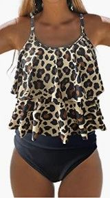 Photo 1 of Beachsissi Tankini Bathing Suit Stripe Print High Waisted Tummy Control 2 Piece Swimsuit Leopard 