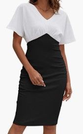 Photo 1 of Kate Kasin Women Batwing Short Sleeves Ruched Pencil Dress Elegant V Neck Bodycon Cocktail Dresses Knee Length Black/White Size XL 