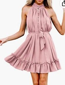 Photo 1 of KIRUNDO Women's Summer Casual Sleeveless Halter Neck Short Dress Sundress Button Down Flowy Belt A Line Ruffle Mini Dress Pink Size Medium 