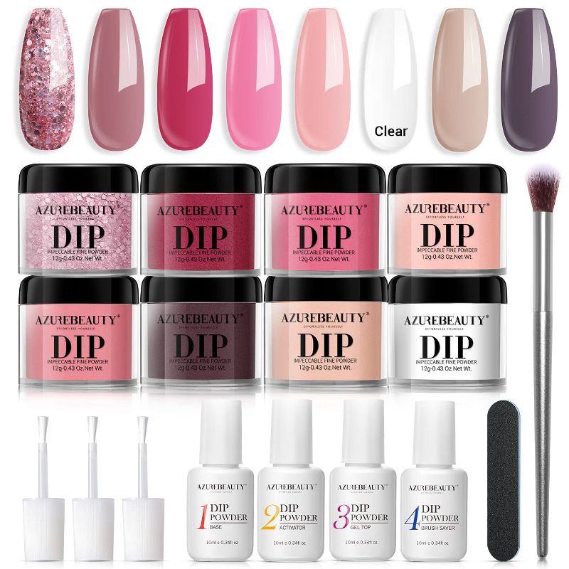 Photo 1 of 17 Pcs Dip Powder Nail Kit Starter, AZUREBEAUTY Nude Pink Glitter 8 Colors Acrylic Dipping Powder System Essential Kit for French Nail Manicure Nail Art Set