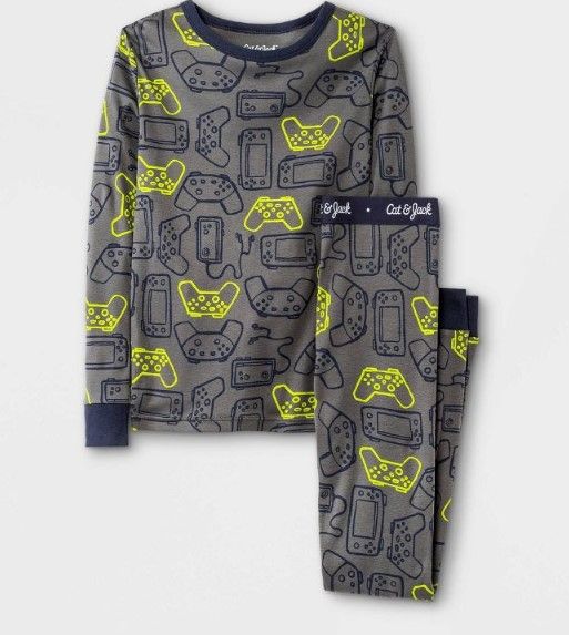 Photo 1 of Cat & Jack Boys' 2pc Gamer Tight Fit Pajama Set Gray/Navy/Lime Green- SIZE 10 