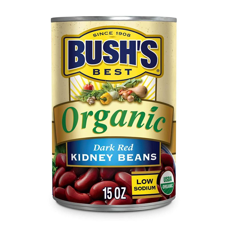 Photo 1 of *EXP: 02/2024* BUSH'S BEST Canned Organic Dark Red Kidney Beans (Pack of 12), Source of Plant Based Protein and Fiber, Low Fat, Gluten Free, 15 Oz
