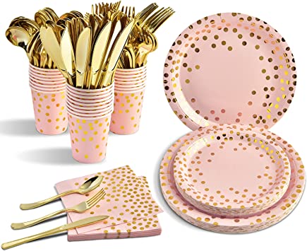 Photo 1 of 175 PCS Pink Party Supplies Disposable Paper Dinnerware Set Pink Paper Plates Napkins Cups Gold Forks Knives Spoons for Graduation Birthday Wedding Bridal Baby Shower Party Engagement Christmas
