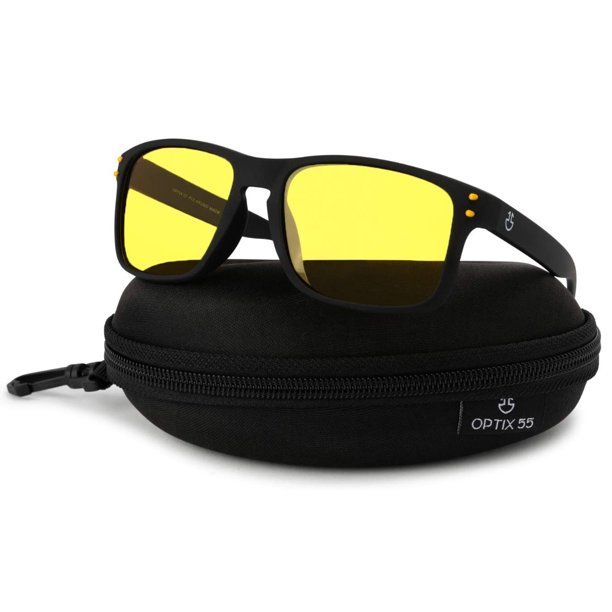 Photo 1 of 2 ITEM BUNDLE-- Optix 55 Yellow Tint HD Night Vision Driving Glasses for Men and Women Polarized Lens for Night Driving + Gleyemor Vintage Polarized Sunglasses for Men Round Sunglasses UV400 Protection Retro Hand-crafted Acetate Frame