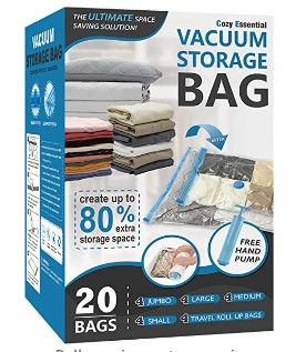 Photo 1 of 20 Pack Vacuum Storage Bags, Space Saver Bags (4 Jumbo/4 Large/4 Medium/4 Small/4 Roll) Compression Storage Bags for Comforters and Blankets, Vacuum Sealer Bags for Clothes Storage, Hand Pump Included
