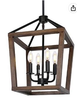 Photo 1 of 4-Light Rustic Chandelier, Classic Lantern Pendant Light with Oak Wood and Iron Finish