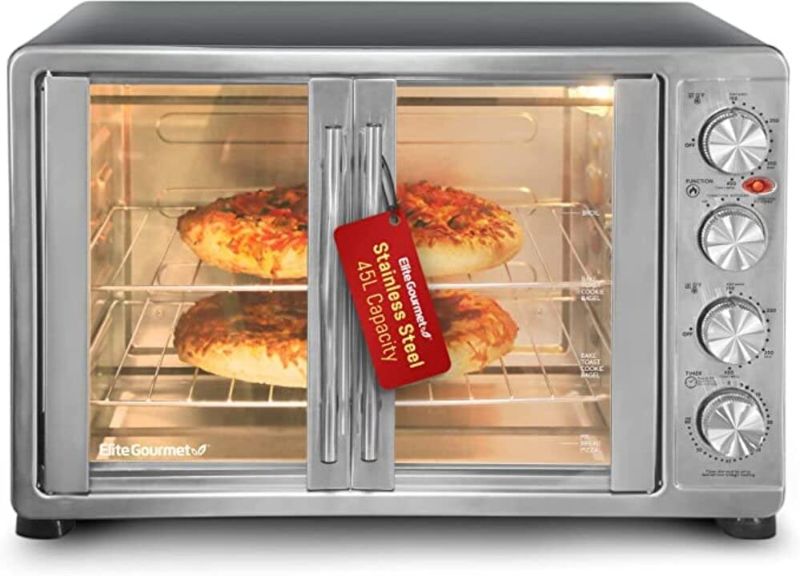 Photo 1 of *Tested* Elite Gourmet ETO-4510M French Door 47.5Qt, 18-Slice Convection Oven 4-Control Knobs, Bake Broil Toast Rotisserie Keep Warm, Includes 2 x 14" Pizza Racks, Stainless Steel
