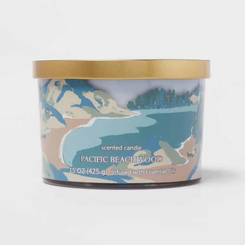 Photo 1 of 15oz Lidded Glass Jar 3-Wick Candle Beach Scene Pattern Pacific Beachwood - Opalhouse™
