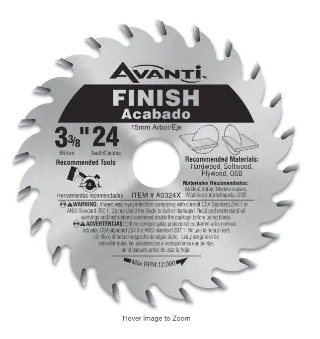 Photo 1 of 
Avanti
3-3/8 in. x 24-Tooth Finish Circular Saw Blade