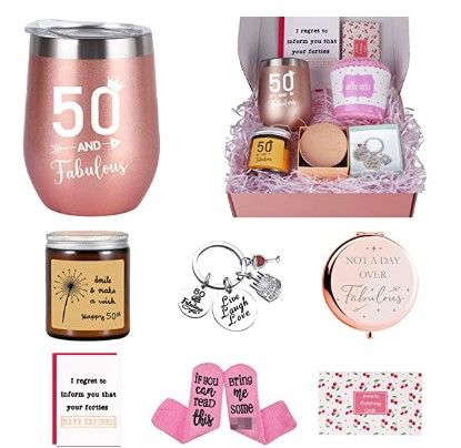 Photo 1 of 50th Birthday Gifts for Women, 50 and Fabulous Gift Basket for Grandma, Mom, Friend, Sister, Wife, Aunt, 50th Birthday Decorations Women | Birthday Gifts for 50 Year Old Woman Funny Gift Idea
