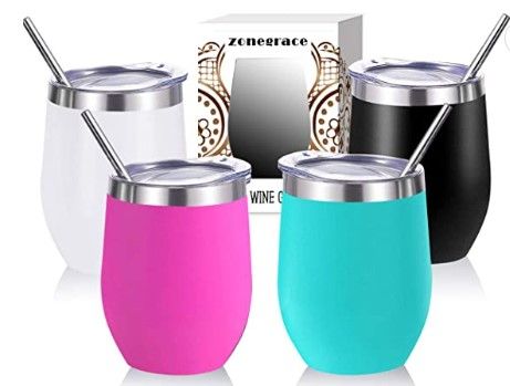 Photo 1 of (X3) Zonegrace 4 pack 12 oz Stainless Steel Stemless Wine Glass Tumbler Multicolor Double Wall Vacuum Insulated Wine Tumbler with Lids Set of 4 for Coffee, Wine, Cocktails, Ice Cream Including 4 Straws
