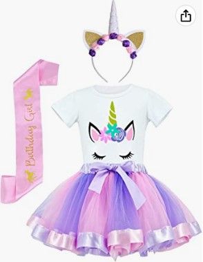 Photo 1 of  Girls Unicorn Costume Rainbow Tutu with White Shirt, Headband & Satin Sash