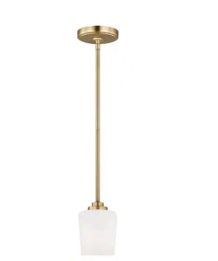 Photo 1 of 
Sea Gull Lighting
Windom 1-Light Satin Brass Mini Island Hanging Pendant Light with Alabaster Glass Shade