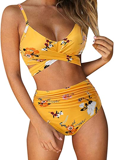 Photo 1 of ***Size: Medium, Color: Yellow-5*** RUUHEE Women Criss Cross High Waisted String Floral Printed 2 Piece Bathing Suits