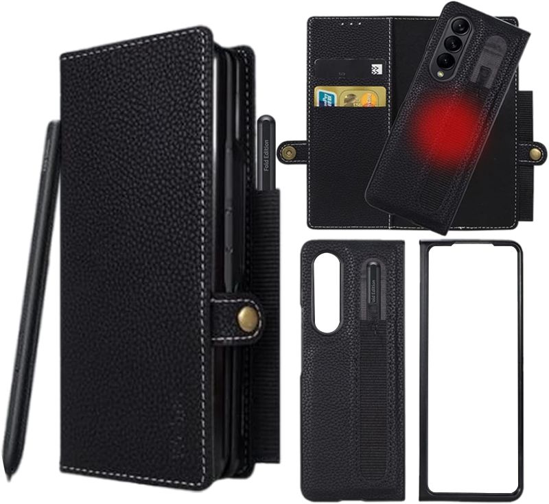 Photo 1 of for Samsung Galaxy Z Fold 3 Case with S Pen Holder, Built-in 2 S Pen Slots 2-in-1 Detachable Case[Wallet Case&Basic Cover] Luxury Leather Wallet Case with S Pen Holder Full Protection (Upgrade-Black)