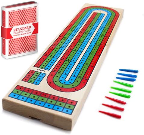 Photo 1 of Brybelly Cribbage Board Game Set | Traditional Wooden Board Game, Classic 3-Track Layout and Plastic Pegs | Standard Deck of Playing Cards | 15 in L, 3 1/2 in W, 1/2 in Thick, folds to 7 1/12 in