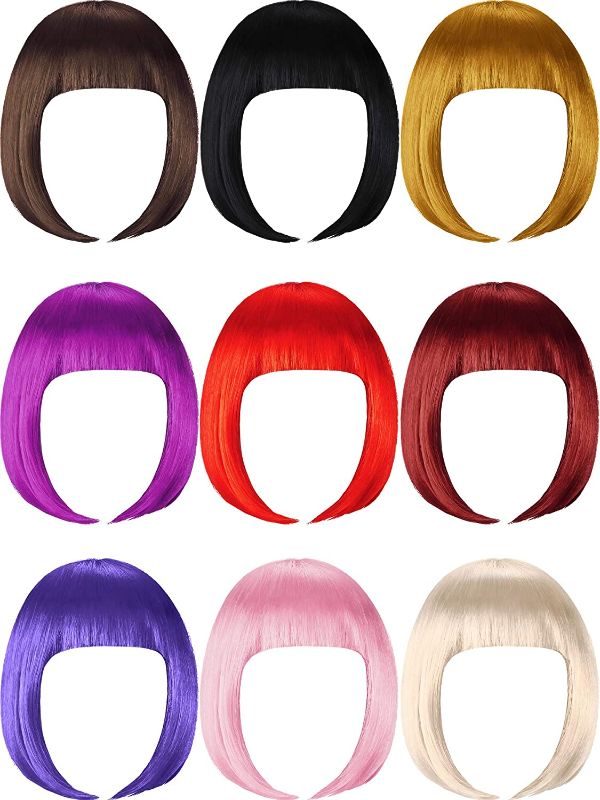 Photo 1 of 9 Pieces Short Bob Hair Wigs Multicolored Cosplay Costume Wig Daily Party Hairpiece for Women Girls(Green, Dark Green, white. yellow, pink, 2 Light Gold, 2 orange)
***Stock photo only for reference, see next*** 
