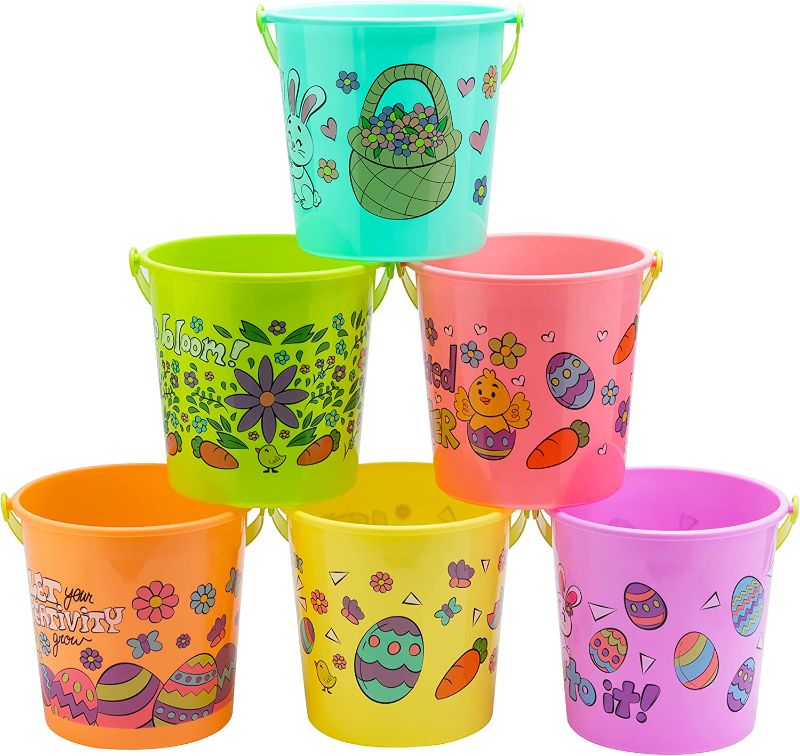 Photo 1 of JOYIN 6 Multi Colored Easter Basket Plastic Buckets with Handles 7"x7", Decorative Easter Pails for Kids Easter Egg Hunting, Easter Theme Party Favor, Decorations
