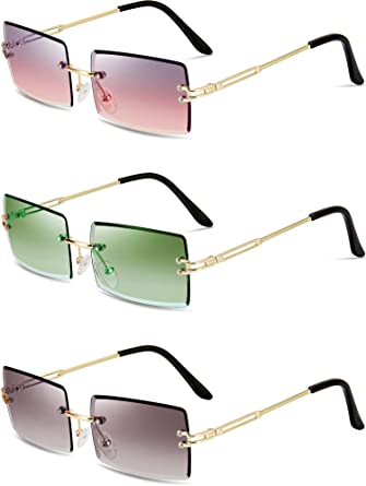 Photo 1 of 3 Pairs Rimless Rectangle Sunglasses Tinted Frameless Eyewear Vintage Transparent Rectangle Y2K Glasses for Women Men
