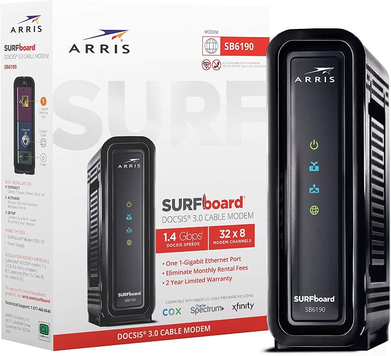 Photo 1 of ARRIS SURFboard SB6190 DOCSIS 3.0 Cable Modem, Approved for Cox, Spectrum, Xfinity & others (Black), 800 Mbps Internet Plan
