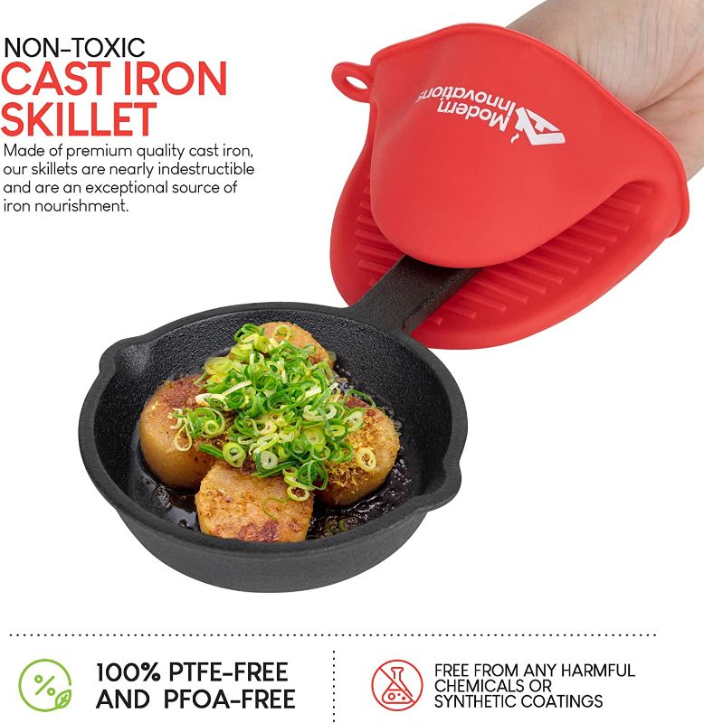 Photo 1 of **2 skillets missing**
Modern Innovations Mini Cast Iron Skillet with Silicone Mitt (4 Count) - 3.5 Inch Mini Cast Iron Skillet - Pre Seasoned Small Cast Iron Skillet Set - Mini Cast Iron Skillets for Baked Cookie/Brownie
