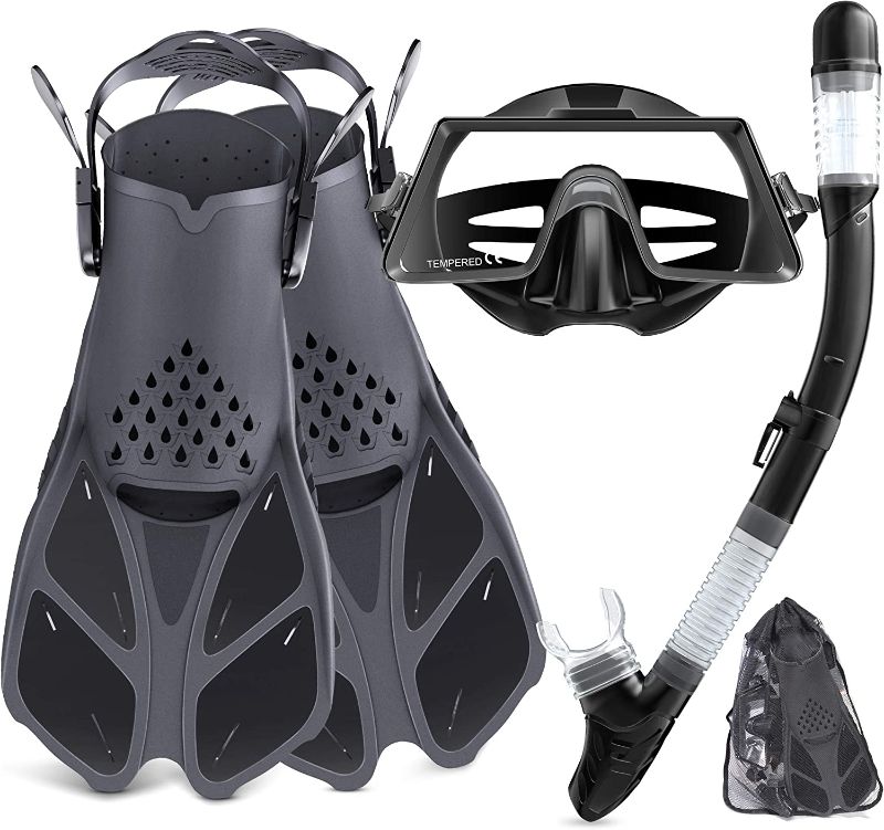 Photo 1 of  Mask Fin Snorkel Set with Adult &Kids Snorkeling Gear, Panoramic View Diving Mask,Trek Fin,Dry Top Snorkel +Travel Bags, Professional Snorkel 
