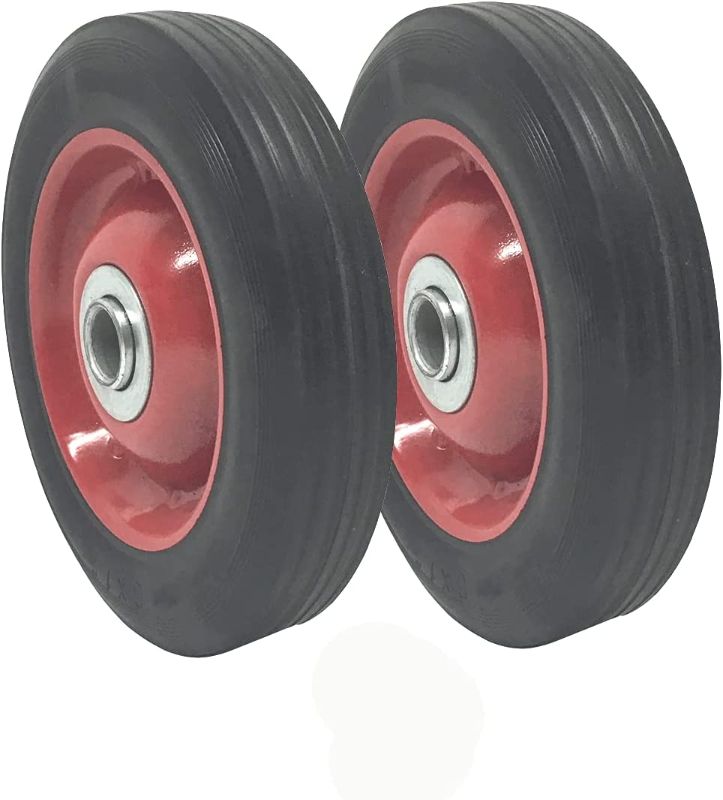 Photo 1 of 2 Pack - Solid Rubber Flat Free Tire 6" x 1.5" Hand Truck Wheel - 1.25" Offset Hub – 5/8" Axle - 350 lbs Capacity
