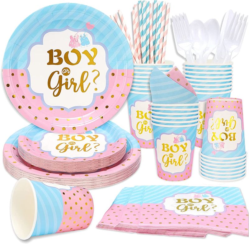 Photo 1 of 200PCS Baby Gender Reveal Party Supplies for 25 Guests Blue and Pink Gender Reveal Party Plates Napkins Cups and Cutlery Set for Baby Shower Birthday Party Decoration
