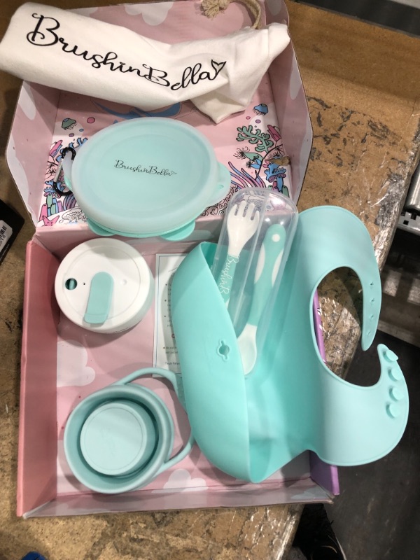 Photo 2 of BrushinBella Baby Feeding Set - Collapsible Feeding Supplies for Travel - Food Grade Silicone Suction Baby Bowl, Baby Plate, Baby Bib, Baby Spoons First Stage - Cute Baby Eating Supplies Toddler Gift
