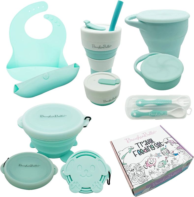 Photo 1 of BrushinBella Baby Feeding Set - Collapsible Feeding Supplies for Travel - Food Grade Silicone Suction Baby Bowl, Baby Plate, Baby Bib, Baby Spoons First Stage - Cute Baby Eating Supplies Toddler Gift
