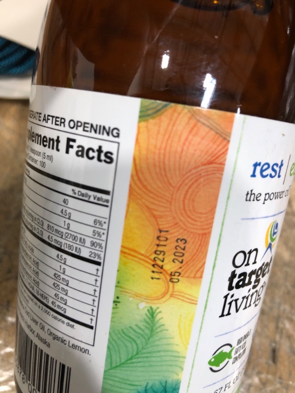 Photo 3 of **expiration date: 05/2023
On Target Living Alaskan Cod Liver Oil Organic Lemon Flavor 16.67 oz | Line Caught in The USA | Naturally Occurring Vitamin D | Rich in Omega 3 DHA/EPA | Non-GMO Project Certified |
