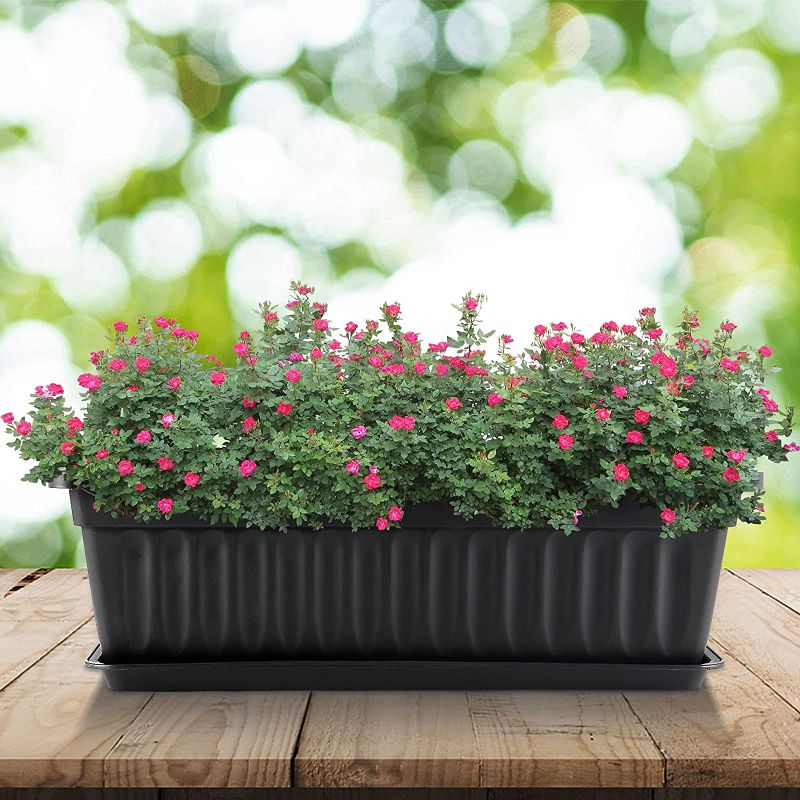 Photo 1 of  5 Pack 17 Inch Flower Window Box, Plastic Rectangular Flower Window Box Planter with 5 Trays  Balcony, Windowsill, Patio, Garden, Black
