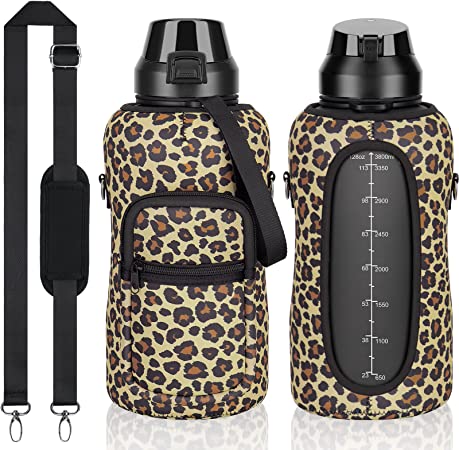 Photo 1 of 1 Gallon Water Bottle with Sleeve-128 oz BPA Free Large Leakproof Sport Plastic Motivational Water Bottle with Straw & Strap & Insulated Neoprene Holder Carrier Bag-Big Gym Water Jug for Women Men