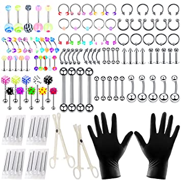 Photo 1 of 124pcs Piercing Kit Belly Button Piercing Kit Septum Piercing Kit Belly Piercing Kit Piercing Kits for all piercings (124pc(Stainless Steel+Acrylic))
