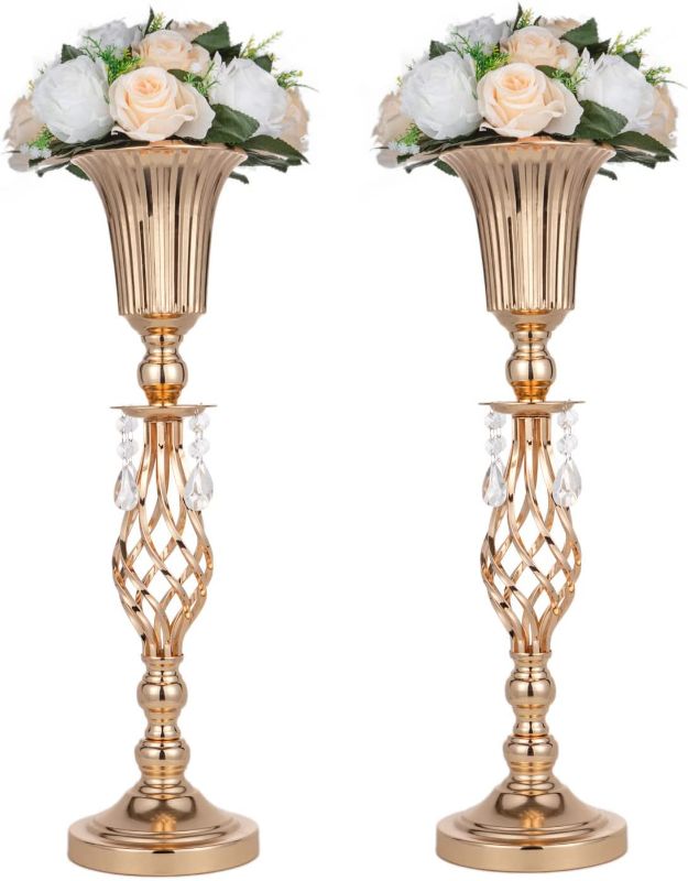 Photo 1 of 2 Pcs Elegant Metal Gold Floral Vase , Beaded Crystal Gold Trumpet Crown Vase, Perfect for Wedding Banquets, Birthdays, Anniversaries, Holiday Parties and Other Important Event Centerpieces(20.2")