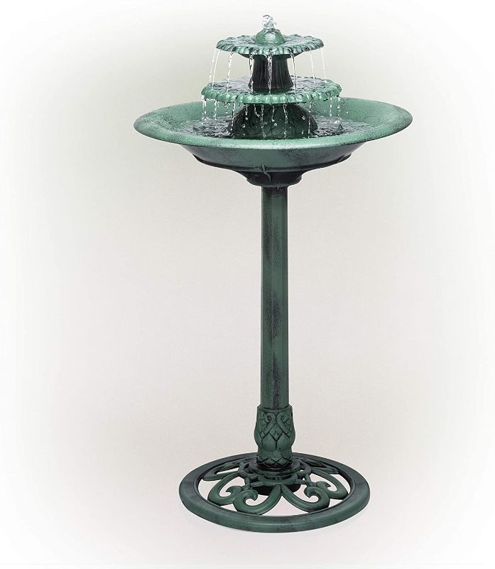 Photo 1 of Alpine Corporation 35" Tall Outdoor 3-Tiered Pedestal Water Fountain and Birdbath, Green
