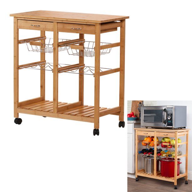 Photo 1 of Bennington Rolling Kitchen Utility Cart Bakers Storage Rack Island with Wheels Microwave Oven Stand 4-Tier Shelf in Honey Oak Finish
