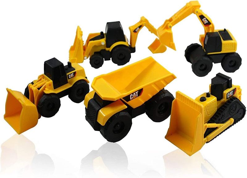 Photo 1 of Caterpillar CAT Mini Machine Construction Truck Toy Cars Set of 5, Dump Truck, Bulldozer, Wheel Loader, Excavator and Backhoe Free-Wheeling Vehicles w/Moving Parts -Great Cake Toppers
