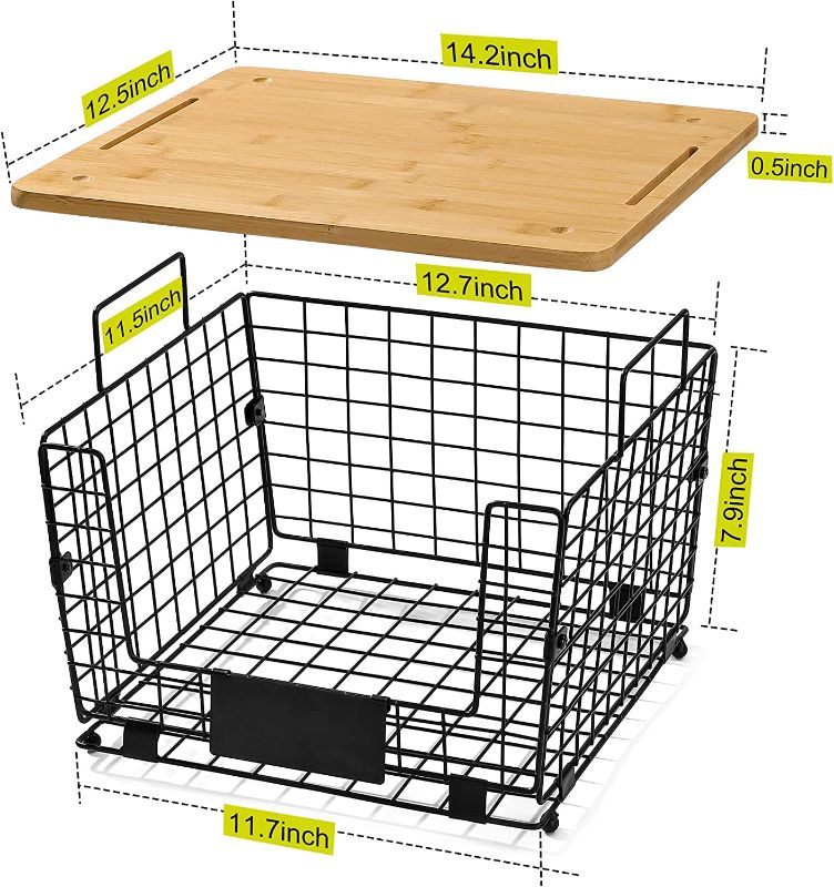 Photo 1 of 2 Set Kitchen Counter Basket with Bamboo Top - Pantry Cabinet Organization and Storage Wire Basket - Countertop Organizer for Produce, Fruit, Vegetable ( Onion, Potato ), Bread, K-Cup Coffee Pods
