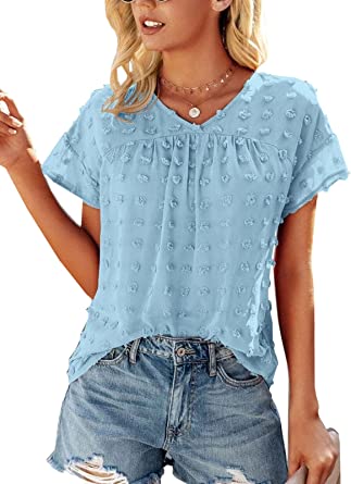 Photo 1 of *NOT exact stock photo, use for reference* 
Dot Chiffon Blouse Short Sleeve, Flowy Shirt - L