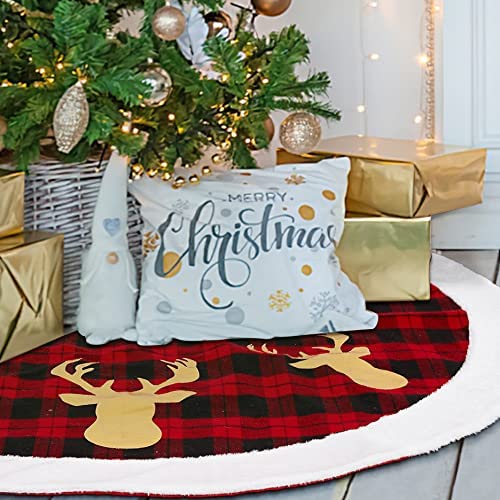 Photo 1 of Adeeing Christmas Tree Skirt 48 Inch, Buffalo Plaid Christmas Tree Skirt Red, Xmas Tree Skirt with Reindeer Design for Holiday Party Indoor Decorations (Red Black Buffalo Plaid, 48 INCH)