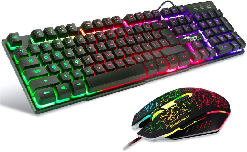 Photo 1 of BAKTH Multiple Color Rainbow LED Backlit Mechanical Feeling USB Wired Gaming Keyboard and Mouse Combo for Working or Game
