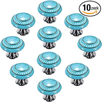 Photo 1 of 10PCS Kitchen Knobs Vintage, Retro Ceramic Round, Turquoise Teal with Screws
