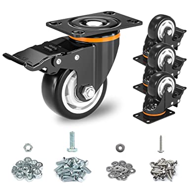 Photo 1 of 3 Inch Caster Wheels, Heavy Duty 3” Casters Set of 4 with Brake, TONSUM No Noise Polyurethane (PU) Wheels and Safety Dual Locking casters, Swivel Plate Castors (Two Hardware Kits)
