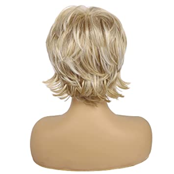 Photo 1 of Short Blonde Pixie Cut Wigs for White Women with Bangs Shaggy Layered Mixed Blonde Natural Wavy Synthetic Hair Wig Heat Resistant Fiber Hair Replacement Wig
